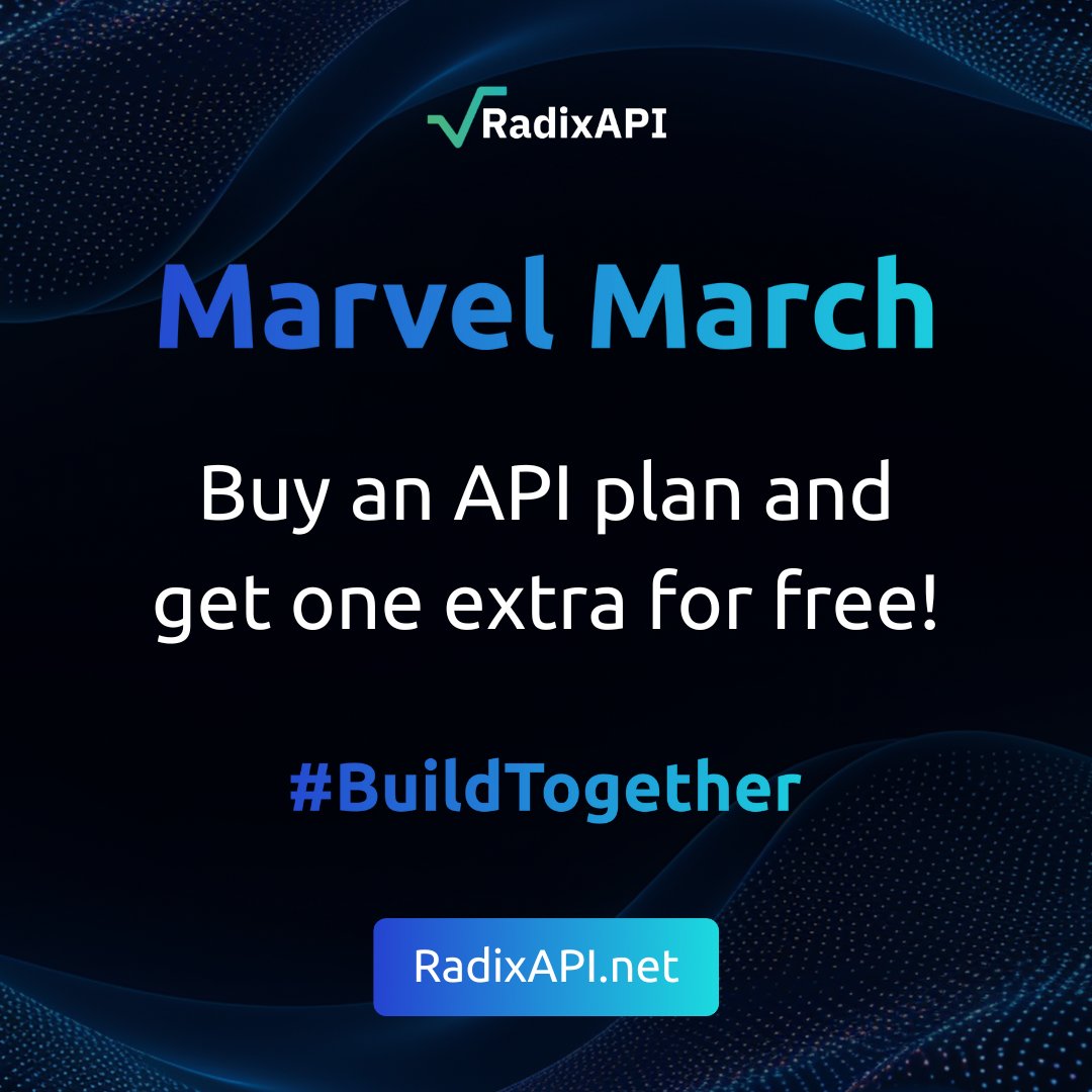 RadixAPI is here to support a smooth development of Radix dApps.  

During #MarvelMarch we are giving you a free API plan for each purchase🎁 

Choose whatever you need from our offer and we will add another plan of the same type to your account until end of the month.