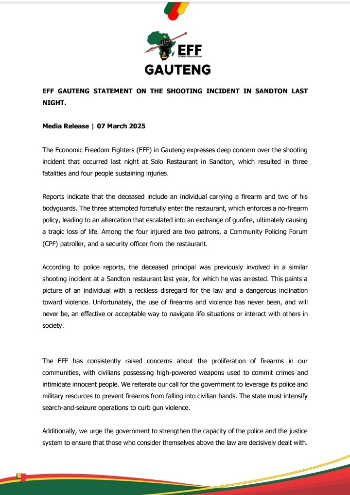 trendysaonline's tweet photo. The EFF Gauteng expresses deep concern over the shooting incident that occurred last night at #SoloRestaurant in #Sandton, resulting in fatalities.
https://t.co/6HVtoFTSrH
#Mabonga #SphamandlaMabonga #EFF #SAPS #CPF https://t.co/3h51D8hCAv