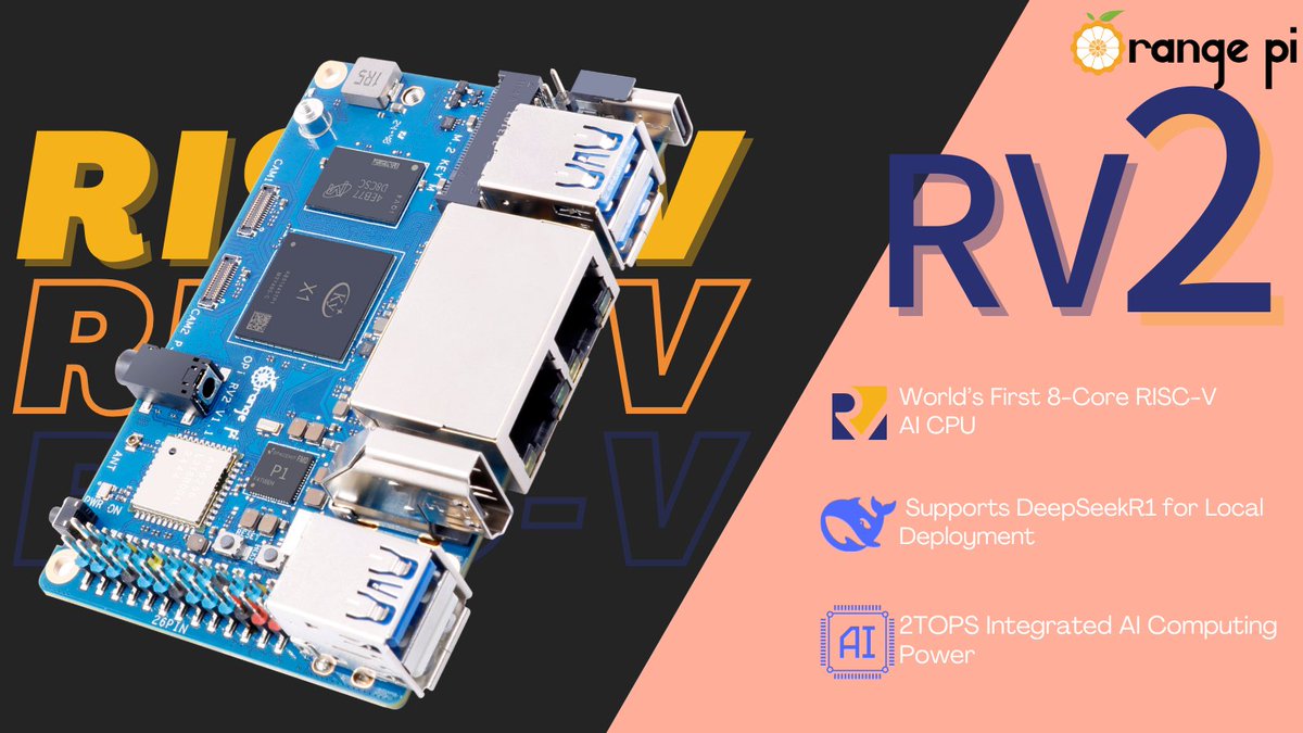 orangepixunlong's tweet photo. 🚀Another Major Upgrade!

Following the #RV, Orange Pi takes a big leap forward with the new #RV2, featuring the world's first 8-Core RISC-V AI CPU.

🔥 Same great price, even more power!
💰 2GB – $30
💰 4GB – $39.9
💰 8GB – $49.9
🛒Upgrade now!: https://t.co/06E9ct9iRj
#Linux https://t.co/GrcuHc3eRP