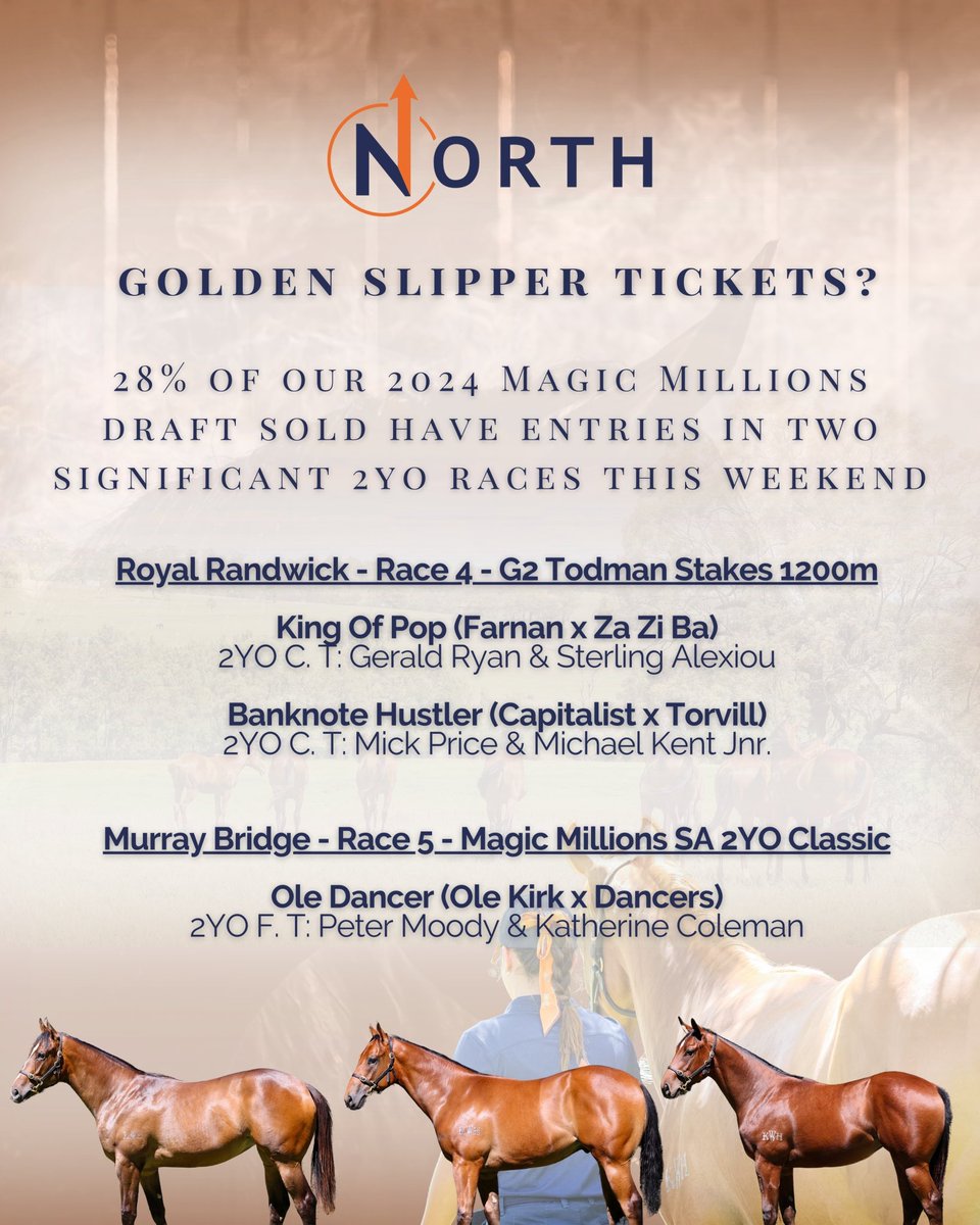 North Bloodstock (@northbloodstock) on Twitter photo A big day of racing tomorrow! 3 of our 2024 <a href="/mmsnippets/">Magic Millions</a> Graduates line up in significant 2YO races across the country. Could one (or more!?) find themselves lining up in the 2025 Golden Slipper?🤞🧡 #HeadingNorth A big day of racing tomorrow! 3 of our 2024 <a href="/mmsnippets/">Magic Millions</a> Graduates line up in significant 2YO races across the country. Could one (or more!?) find themselves lining up in the 2025 Golden Slipper?🤞🧡 #HeadingNorth