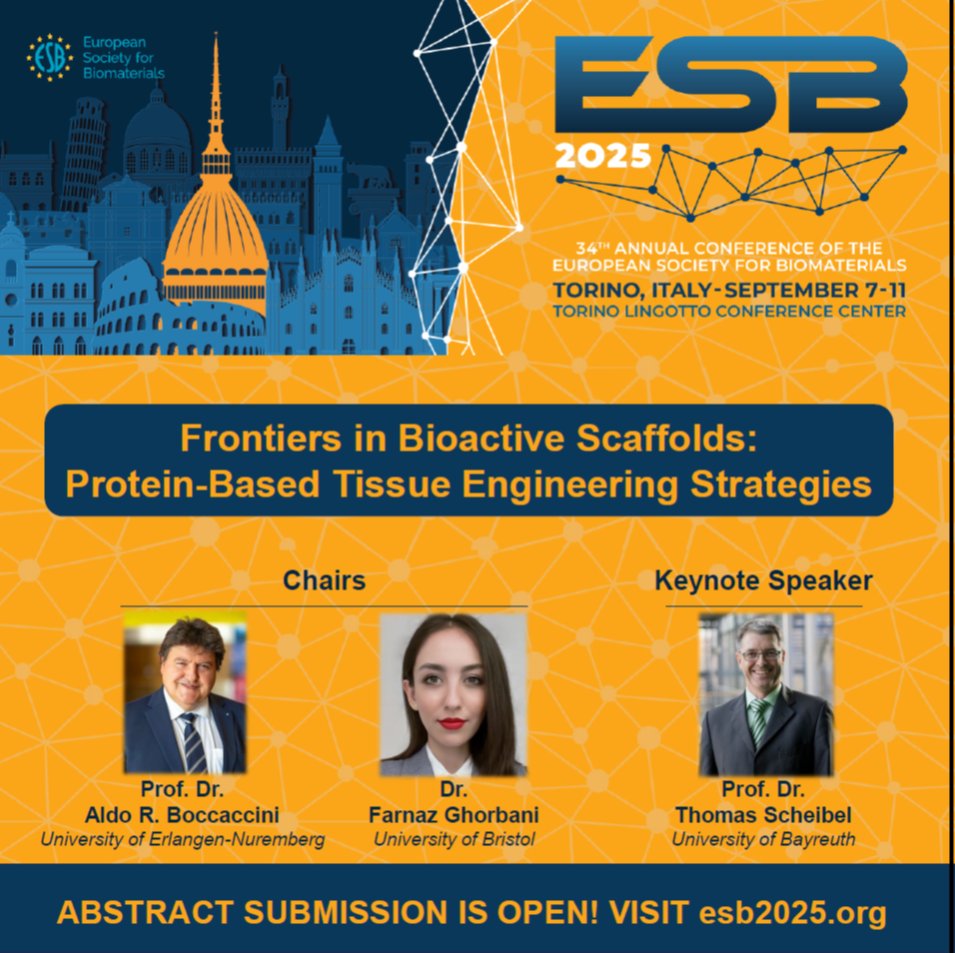 Biomaterials_Erlangen (@boccaccini_lab) on Twitter photo Submit your abstract to Symposium:"Frontiers in Bioactive Scaffolds" <a href="/ESB_2025/">ESB 2025</a> in Torinoš®š¹ co-organised by <a href="/Boccaccini_Lab/">Biomaterials_Erlangen</a> & <a href="/Farnaz23591/">Farnaz Ghorbani</a> Keynote speaker: Prof. Thomas Scheibel (Univ. of Bayreuth). Abstract Submission still open:šesb2025.org
#ESB2025 <a href="/ESBiomaterials/">European Society for Biomaterials</a> Submit your abstract to Symposium:"Frontiers in Bioactive Scaffolds" <a href="/ESB_2025/">ESB 2025</a> in Torinoš®š¹ co-organised by <a href="/Boccaccini_Lab/">Biomaterials_Erlangen</a> & <a href="/Farnaz23591/">Farnaz Ghorbani</a> Keynote speaker: Prof. Thomas Scheibel (Univ. of Bayreuth). Abstract Submission still open:šesb2025.org
#ESB2025 <a href="/ESBiomaterials/">European Society for Biomaterials</a>