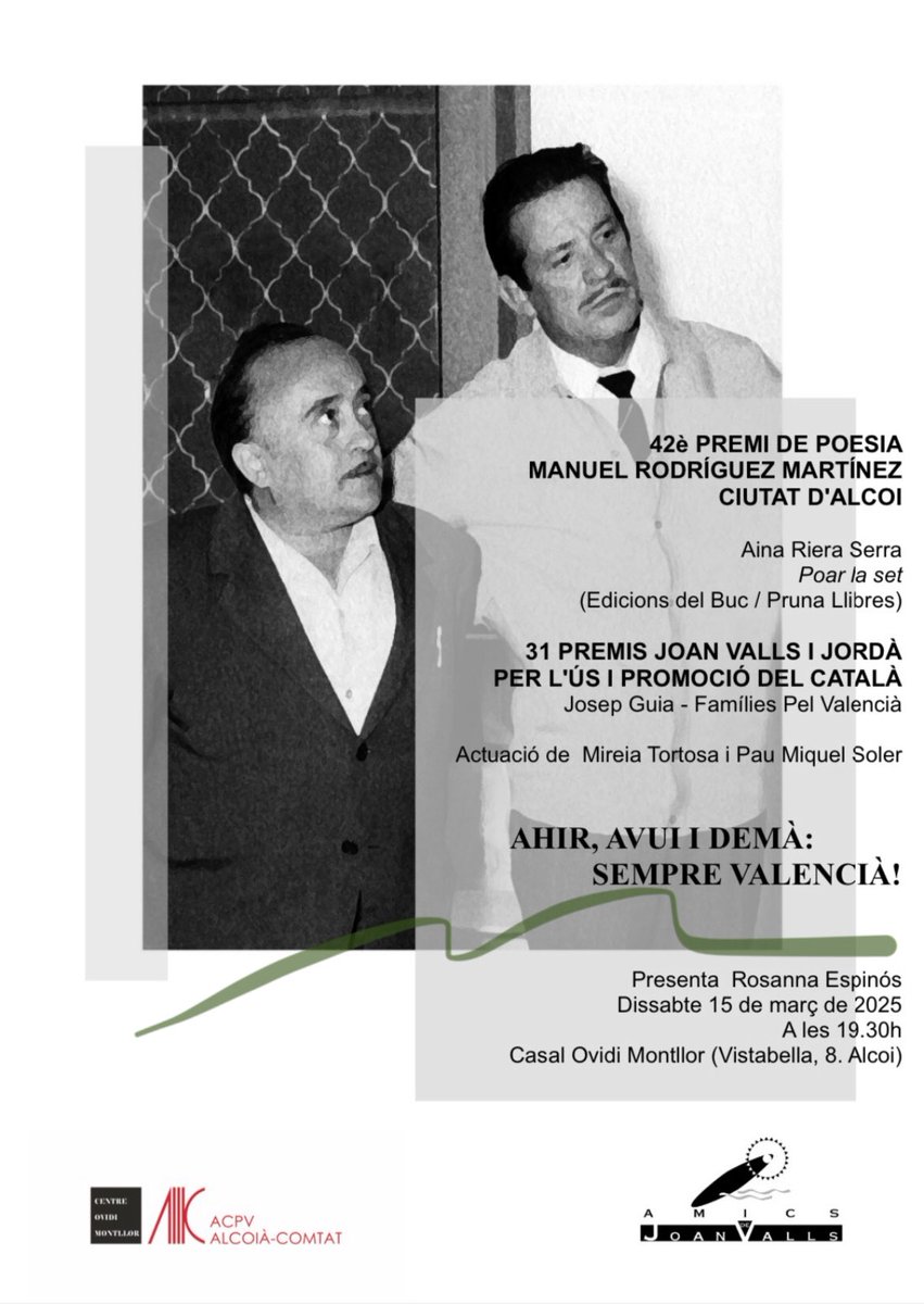 Amigues i amics de Joan Valls (@amicsjv) on Twitter photo Ja ho tenim ací, un any més: el 15 de març, a les 19.30, lliurament dels Premis 2025 a Aina Riera Serra (42è de poesia) per Poar la set, Famílies pel Valencià i <a href="/JosepGuia/">Josep Guia</a>, 31 Premis Joan Valls per l'Ús i Promoció del Català.
Us hi esperem: 'Ahir, avui, demà: sempre valencià!'. Ja ho tenim ací, un any més: el 15 de març, a les 19.30, lliurament dels Premis 2025 a Aina Riera Serra (42è de poesia) per Poar la set, Famílies pel Valencià i <a href="/JosepGuia/">Josep Guia</a>, 31 Premis Joan Valls per l'Ús i Promoció del Català.
Us hi esperem: 'Ahir, avui, demà: sempre valencià!'.
