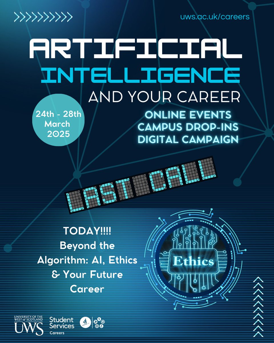 Last chance to book to join us this afternoon as we welcome guest Gisele Simões, PhD Candidate in AI Governance and Lecturer at UWS, to discuss the evolving role of AI in society &amp; its impact on the world of work. Book to attend:  uws.careercentre.me/u/dggiv2tj