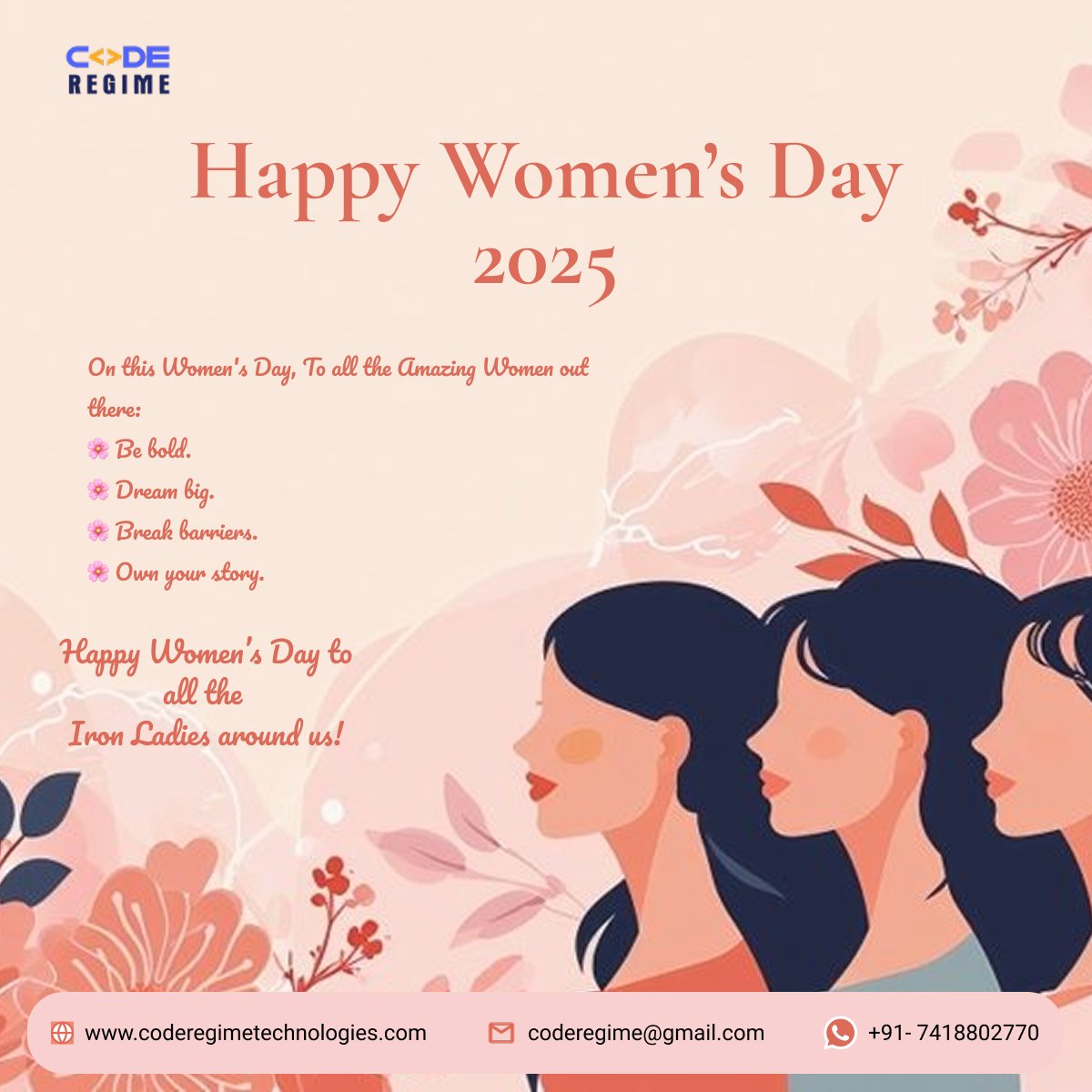 RegimeCode's tweet image. #WomensDay2025 #coderegimetechnologies #celebration #joy #peace #respect #strength #equality #freedom #amazingwomens #excellence #brilliance #beproud #bebold #dreambig #WomenEmpowerment #safesociety #womensafe #womeneducations #supportwomen #forever