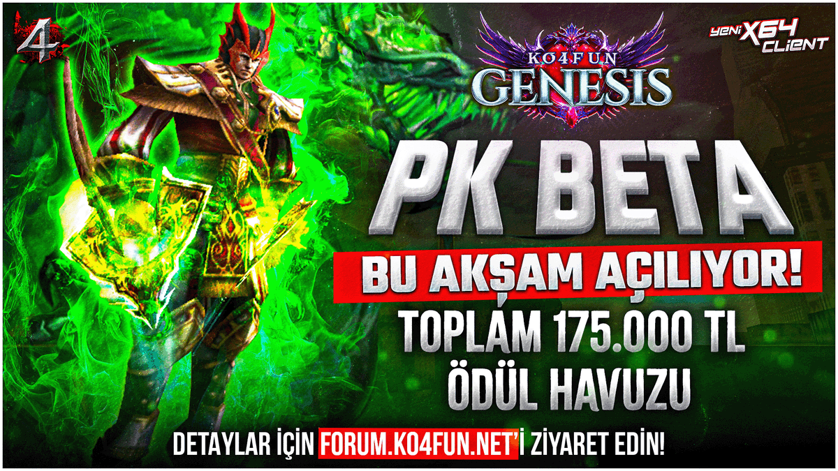 🔥 KO4FUN GENESIS PK BETA BAŞLIYOR! 🔥
🔥🔥PK BETA Bu Akşam 21:00'de Online!🔥🔥

⚔ Sadece BDW ve JR! Stratejini belirle, takımını kur ve rakiplerine üstünlük sağla!
🎯 Herkes eşit şartlarda! +8/+1 sabit itemlerle rekabet en üst seviyede!
🚫 Sınırlar belli! Moradon dışında başka