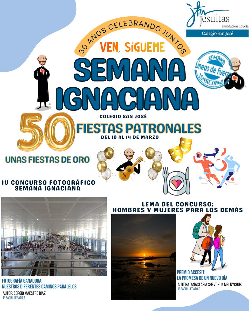 #SJ Del 10 al 14 celebramos la #SemanaIgnaciana 
Actividades, juegos y talleres para profundizar en nuestra identidad jesuita, coincidiendo con las 50ª #FiestasPatronalesSanJosé En el cartel tenemos los ganadores🏆 IV Concurso Fotográfico:
🥇 Sergio Maestre 
🥈 Anastasia Shevchuk