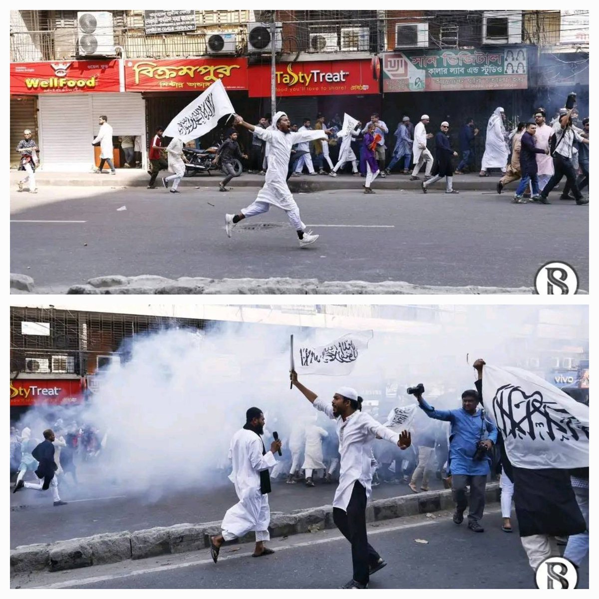 bdwatch2024's tweet photo. Scenes from banned #Islamist group #HizbutTahrir's showdown in #Dhaka today: "March for #Caliphate".

Defying administration's orders, banned Islamist group Hibut Tahrir, which has the objective of forming a global #IslamicState or Khilafat, today took out their "March for Khilafat" in downtown Dhaka. 

The march, attended by thousands of the group's followers, led to a clash with the police following Jummah prayers. The rally began from the north gate of Baitul Mukarram Nat'l Mosque. The procession initially proceeded without disruption, but tensions flared as demonstrators moved from Paltan towards Bijoynagar, where police set up a blockade.

For the last 7 months, the Interim Govt of Dr. #Yunus has allowed these groups to grow in strength and numbers. #Hizbut even did open recruitment drives in various areas of Dhaka right under the noses of law enforcement agents. Today's showdown was a direct consequence of the Interim Govt's extremely accommodating policy towards such groups and Islamists generally. 

Now the chickens have come home to roost. 
 
......

#BangladeshCrisis #Islamism #Extremism #Terrorism @MEAIndia @DrSJaishankar @SecRubio @State_SCA @eu_eeas @kajakallas @EUinBangladesh @usembassydhaka @DavidLammy @FCDOGovUK @HCSarahCooke @UNinBangladesh @GwynLewis12 @CJBdingo25 @paulocasaca1 @Chellaney @RadicalWatchOrg @Natsecjeff @joysamcyborg @UtsavSanduja @rayhanrashid @TrumpUpdateHQ @icsforum