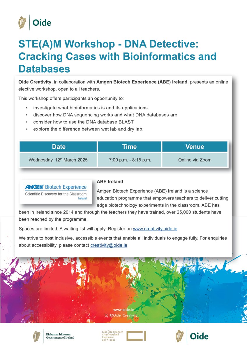 Amgen Biotech Experience Ireland (@abe_ireland) on Twitter photo Feeling worried about bioinformatics in the classroom next year? 💻
Join us online for our <a href="/Oide_Creativity/">Oide Creativity</a> workshop on Wed 12th March, 7pm where we'll run through an easy bioinformatics activity you can do with your students
Register on their website: creativity.oide.ie Feeling worried about bioinformatics in the classroom next year? 💻
Join us online for our <a href="/Oide_Creativity/">Oide Creativity</a> workshop on Wed 12th March, 7pm where we'll run through an easy bioinformatics activity you can do with your students
Register on their website: creativity.oide.ie