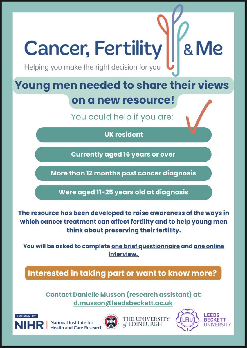 📢 Participants needed!!

Are you a young man who:

✅ Is currently 16 years or over?
✅Was diagnosed with cancer aged 11-25?
 
We are keen to hear your views on a new resource, designed to raise awareness of the ways in which #cancer treatment can affect #fertility.