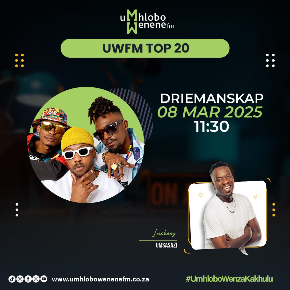 Driemanskap (@driemanskap) on Twitter photo Drie Nationals ✊🏾🇿🇦
Be sure to catch our interview tomorrow on <a href="/UWFM88_106FM/">Umhlobo Wenene FM</a> at 11:30am.
We will be talking PHAMBILI and all things musical. 🫶🏾
<a href="/LuckeezMfowethu/">Luckeez Mfowethu</a> Drie Nationals ✊🏾🇿🇦
Be sure to catch our interview tomorrow on <a href="/UWFM88_106FM/">Umhlobo Wenene FM</a> at 11:30am.
We will be talking PHAMBILI and all things musical. 🫶🏾
<a href="/LuckeezMfowethu/">Luckeez Mfowethu</a>