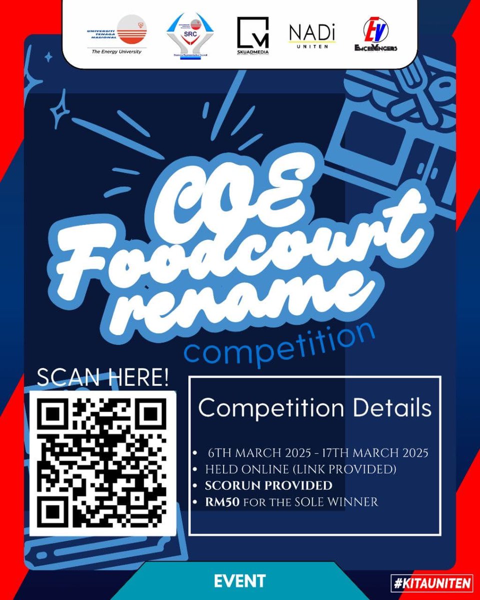 src_uniten's tweet image. 📢 UNITEN COE Foodcourt Rename Competition! 🍽️🔥

 COE Foodcourt is getting a new name, and YOU can be part of it! 🎉

💡 Submit your idea to win RM50 + SCORUN points!

📅 6 - 17 March 2025
🌐 Online Submission

Submit now: forms.office.com/r/XzQ3wPWQMq

SRC 2024/2025, UNITEN