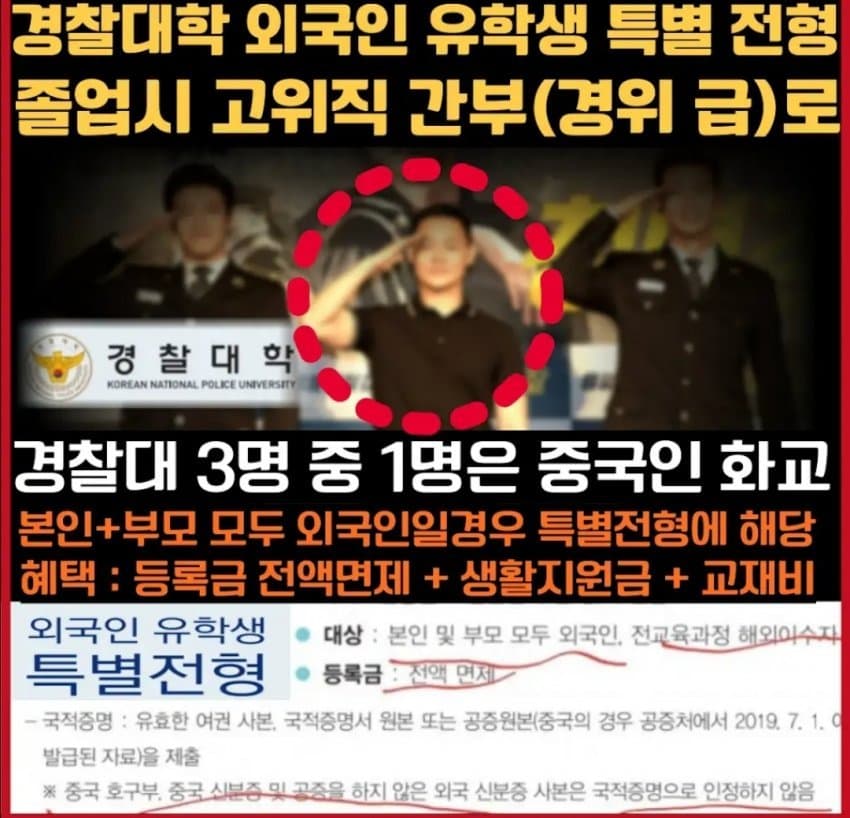 경찰대학 외국인 유학생 특별 전형.
졸업 시 고위직 간부로 들어감.
화교 특별 전형인 듯.