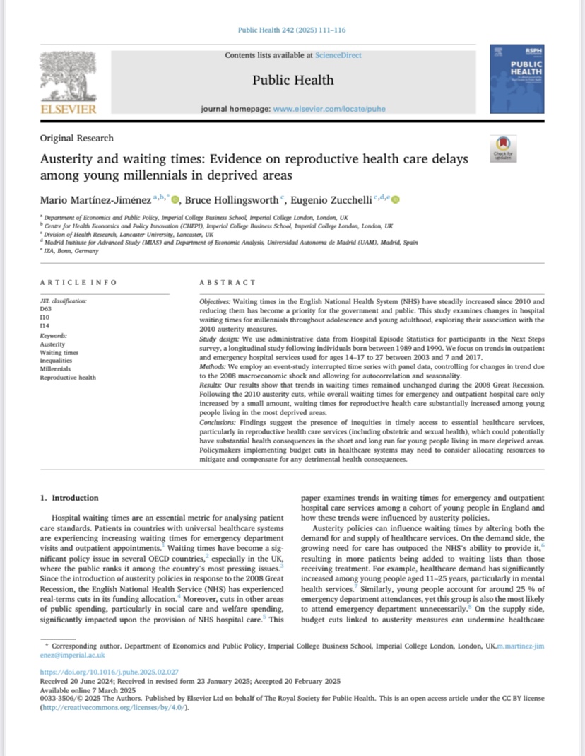 Mario Martínez-Jiménez (@m_marjim) on Twitter photo 🚨 New Paper in <a href="/RSPH_PUHE/">Public Health</a>! 🚨
📄 "Austerity and Waiting Times: Evidence on Reproductive Health Care Delays Among Young Millennials in Deprived Areas"
💡with <a href="/e_zucchelli/">Eugenio Zucchelli</a> & #BruceHollingsworth
<a href="/ImperialBiz/">Imperial Business School</a>
#Austerity #NHS #Healthcare #IBknowledge
🔍doi.org/10.1016/j.puhe… 🚨 New Paper in <a href="/RSPH_PUHE/">Public Health</a>! 🚨
📄 "Austerity and Waiting Times: Evidence on Reproductive Health Care Delays Among Young Millennials in Deprived Areas"
💡with <a href="/e_zucchelli/">Eugenio Zucchelli</a> & #BruceHollingsworth
<a href="/ImperialBiz/">Imperial Business School</a>
#Austerity #NHS #Healthcare #IBknowledge
🔍doi.org/10.1016/j.puhe…