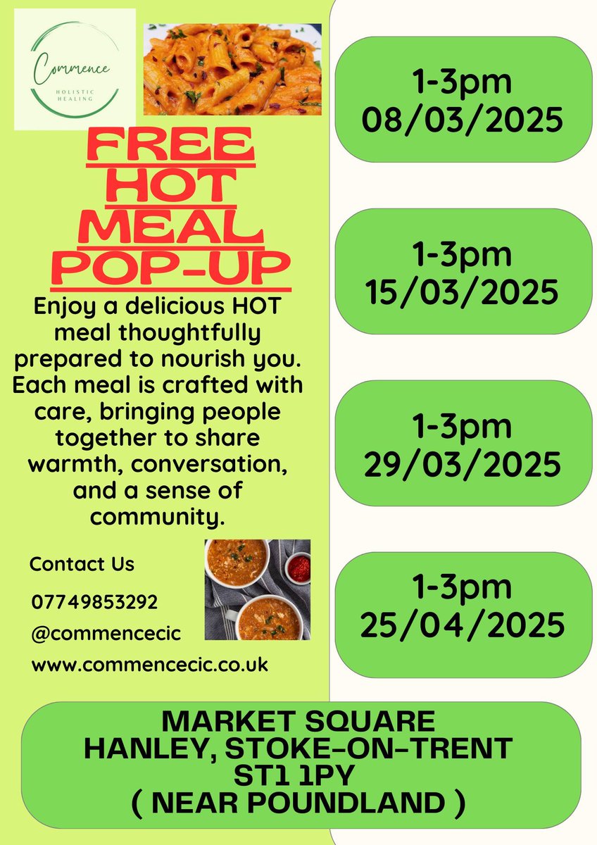 Our friends at Commence CIC are hosting free pop-up meals tomorrow from 1pm - 3pm at Market Square in Hanley! 🍲

Weekends can be tough for some, with services closed, so please share this to help reach those who need it most🙏