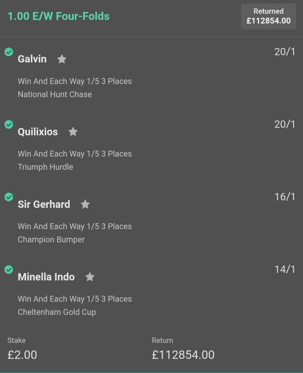 racingtips's tweet image. THE CHELTENHAM DREAM 🐎💭
£2 into £112,854.00 🤯
Yes you read that right, just look at the winning slip👇
Created by Mr @davejaxx and maybe the best Cheltenham Bet Ever 🤝
And we have HUGE News… 🗞️
He’s made us his next MASSIVE bet and it’s in our comments 👇