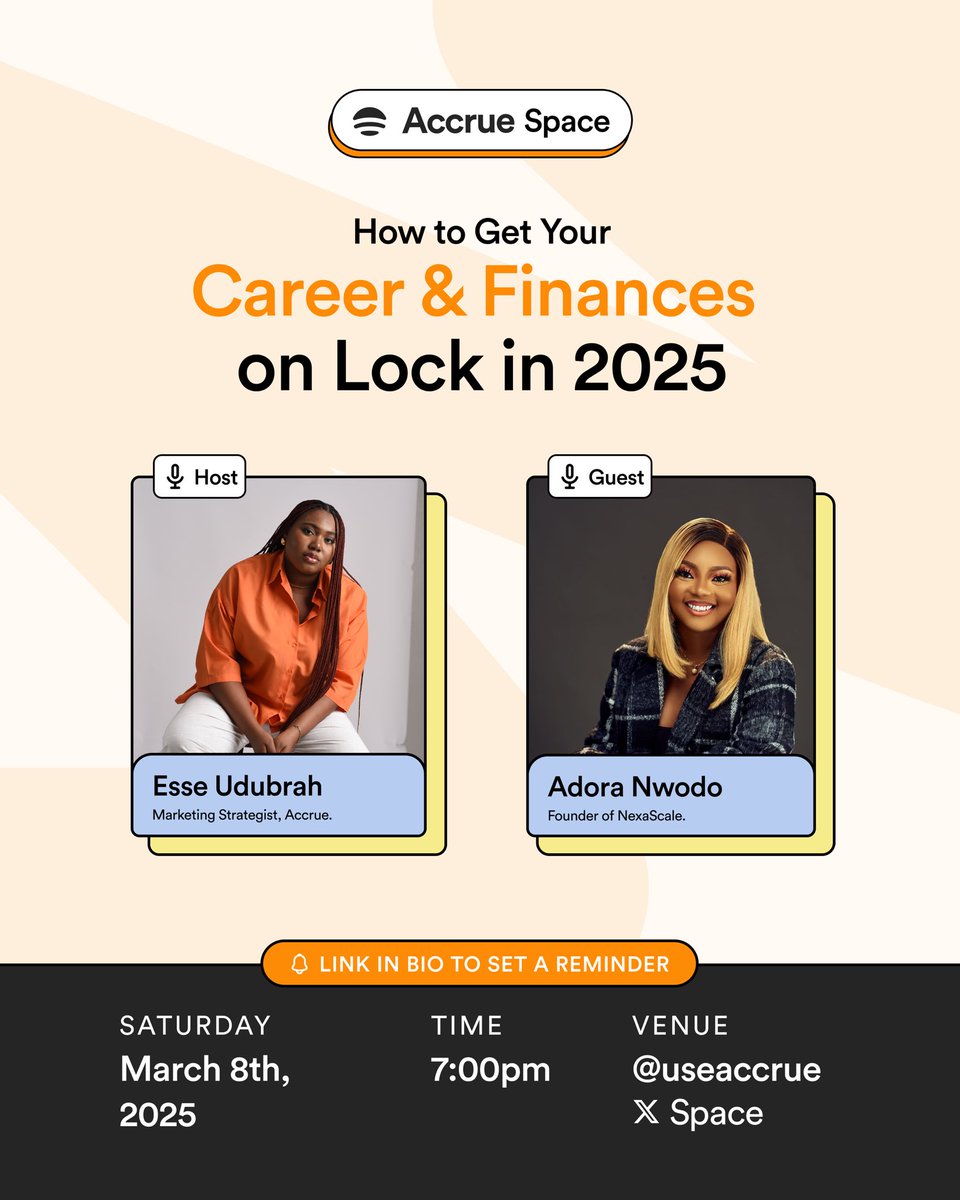 Accrue (@useaccrue) on Twitter photo 2025 is the year to secure the bag and level up. Join <a href="/AdoraNwodo/">Big Nenz ✨</a> as she breaks down how to elevate your career, make smart money moves, and build real financial security. No fluff—just real game to help you stay winning.
🗓 Date: Saturday, March 8th, 2025
⏰ Time: 7:00 PM
📍 2025 is the year to secure the bag and level up. Join <a href="/AdoraNwodo/">Big Nenz ✨</a> as she breaks down how to elevate your career, make smart money moves, and build real financial security. No fluff—just real game to help you stay winning.
🗓 Date: Saturday, March 8th, 2025
⏰ Time: 7:00 PM
📍