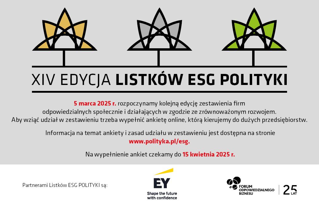 Właśnie ruszyła kolejna edycja zestawienia Listków ESG Polityki!🌿

👉Kto może wziąć udział? – firma zatrudniająca ponad 250 osób.

📅Do kiedy? – do 15 kwietnia 2025 r.

Jako partner merytoryczny  zachęcamy serdecznie do udziału w #ListkiESG🙌

📩Więcej na odpowiedzialnybiznes.pl/aktualno%C5%9B…