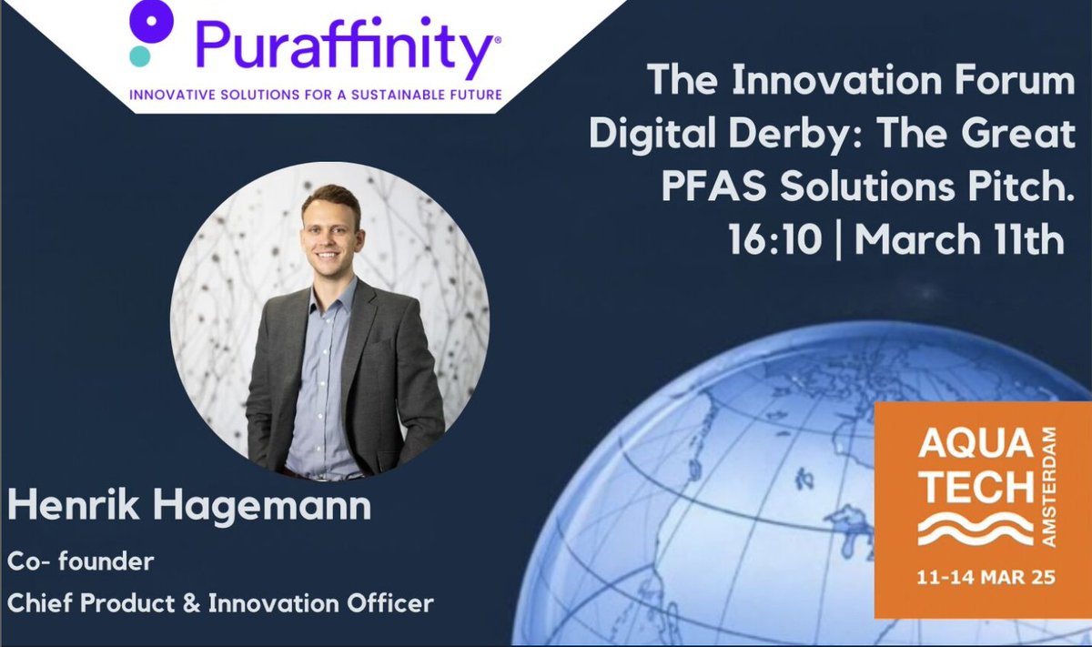Our Co-Founder, Henrik Hagemann, will be speaking at <a href="/Aquatech/">Aquatech</a>  Amsterdam’s Innovation Forum on March 11th! This year's forum focuses on #PFAS Solutions.
 
Our CEO, Vincent Caillaud, and Sales &amp; Business Development Manager Jamie Dawson will also be attending. 
 #PuratechG400