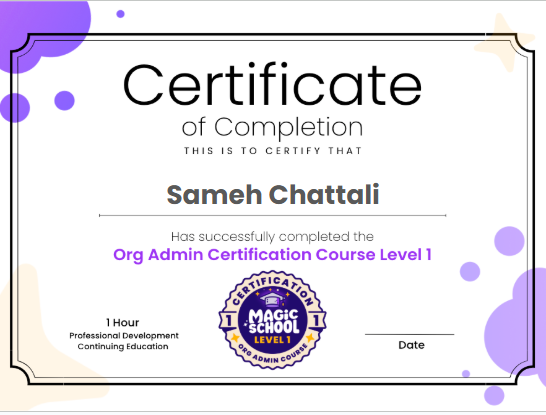 ChattaliSameh's tweet photo. لقد حصلت الآن على شهادة MagicSchool Org Admin المعتمدة، المستوى 1.
📷 Congratulations, You're Now MagicSchool Org Admin Certified - Level 1
#mieexpert2024_2025 #MAGICSCHOOLAI
https://t.co/0bL0BtOKE1...
#MAGICSCHOOLAI
#magicschoolorgadminlevel1 https://t.co/pVhaaPSpJ0