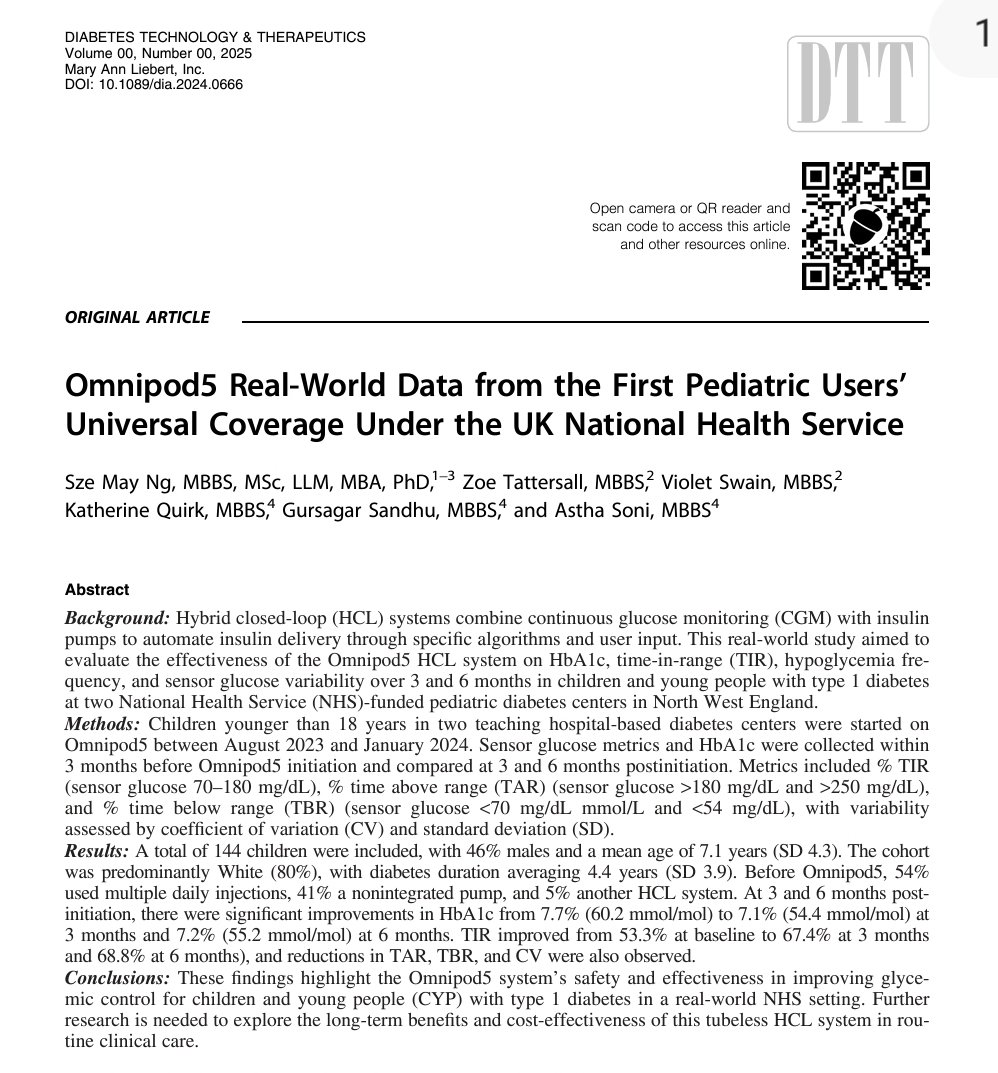 Our recent study "Omnipod5 Real-World Data from the First Pediatric Users’ Universal Coverage Under the UK National Health Service"  published in Diabetes Technology &amp; Therapeutics evaluated the real-world effectiveness of the #Omnipod5 hybrid closed-loop (HCL) system in children