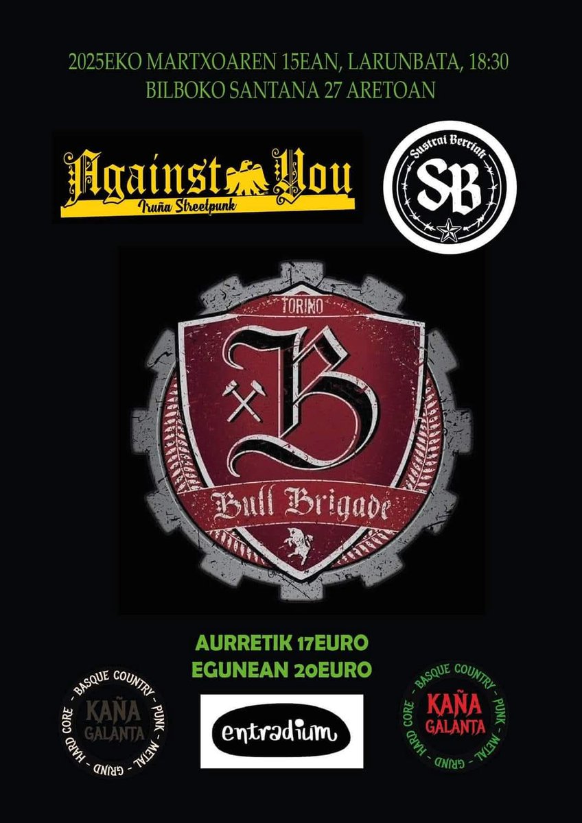 Primer concierto de la gira de presentación el proximo sabado en Bilbo con Sustrai Berriak y Bull brigade. Que no le cuenten!
Entradas aqui
entradium.com/events/bull-br…