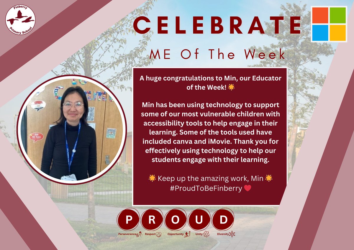 Finberry Primary School (@finberryprimary) on Twitter photo πCongratulations to Min, our <a href="/MicrosoftEDU/">Microsoft Education</a> Educator of the Week! Min has been using accessibility tools to support vulnerable learners, making learning more engaging for all!
Using <a href="/msonenote/">Microsoft OneNote</a> <a href="/CanvaEdu/">Canva for Education</a> & iMovie (<a href="/AppleEDU/">Apple Education</a>), has empowered students to express themselves! π¬β¨ πCongratulations to Min, our <a href="/MicrosoftEDU/">Microsoft Education</a> Educator of the Week! Min has been using accessibility tools to support vulnerable learners, making learning more engaging for all!
Using <a href="/msonenote/">Microsoft OneNote</a> <a href="/CanvaEdu/">Canva for Education</a> & iMovie (<a href="/AppleEDU/">Apple Education</a>), has empowered students to express themselves! π¬β¨