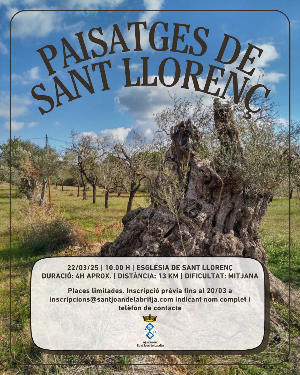 Descobreix els paisatges de Sant Llorenç! 🌳 

Uneix-te a l'excursió del 22/03 i descobreix tot un paisatge de camps i boscos. Reserva la teva plaça abans del 20/03.

Més informació: inscripcions@santjoandelabritja.com ✉️ 

#SantJoan #Ibiza #Eivissa