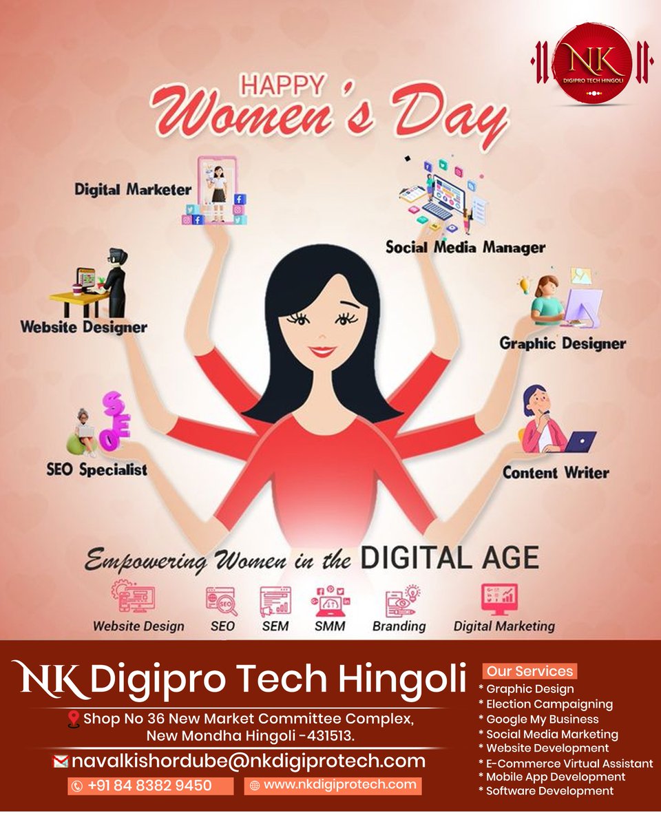 Nkdigiprotech's tweet photo. Empowering Women in the DIGITAL AGE
Happy Women's Day

-NK Digipro Tech, Hingoli

#WomensEmpowerment #ChooseToChallenge #SheInspiresMe #WomenSupportingWomen #EmpowerHer #GenderEquality
#nkdigiprotech #socialmediamarketing #digitalmarketingagency #digitalmarketing #socialmedia https://t.co/QnXOPUCQOx