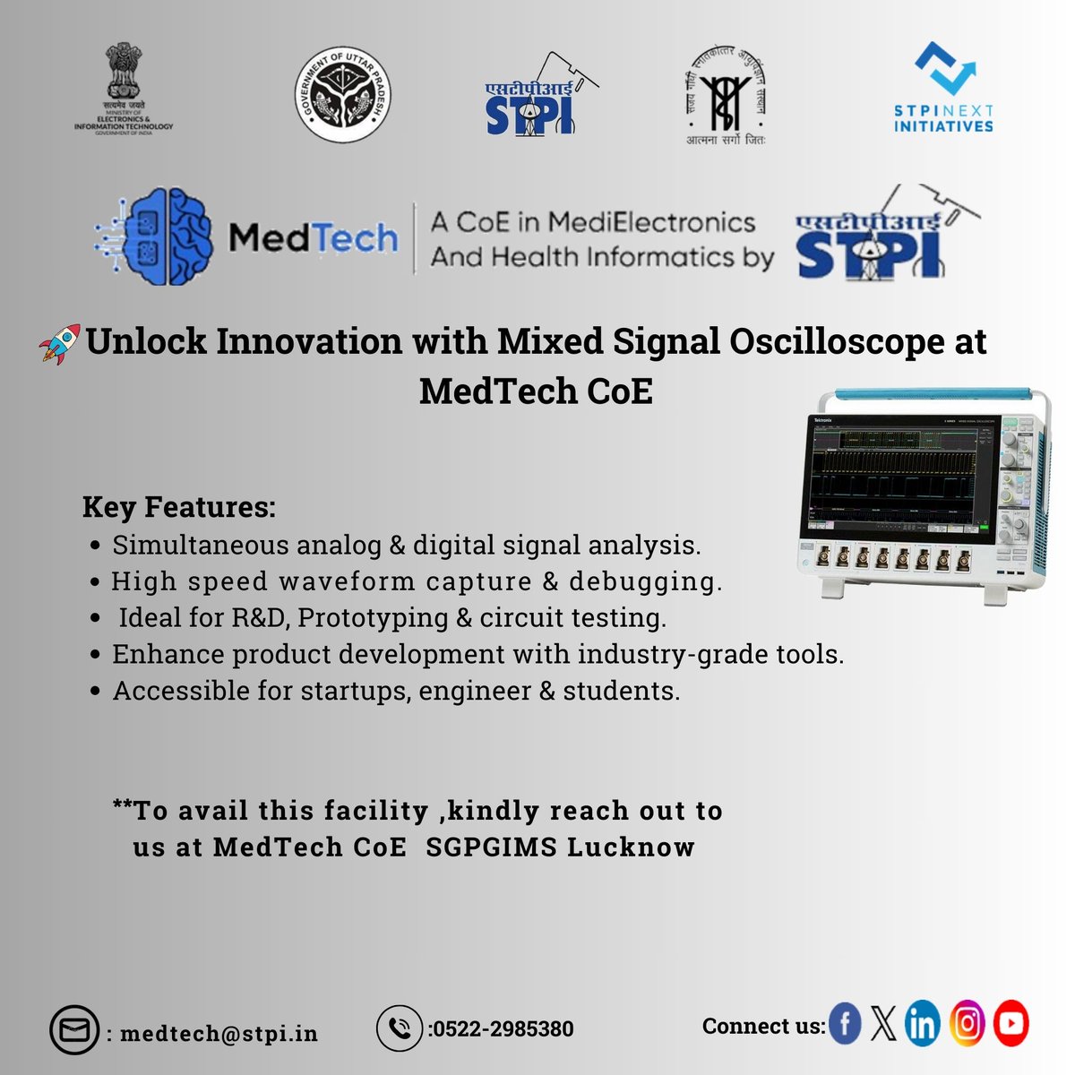 Power Your #Innovation with Precision! 
startups, researchers &amp; students  can leverage this advanced tool for #signal analysis, circuit debugging &amp; real time data visualization. Avail this cutting-edge facility to accelerate your innovation at #MedTechCoE. 
<a href="/stpiindia/">STPI</a> <a href="/arvindtw/">Arvind Kumar</a>