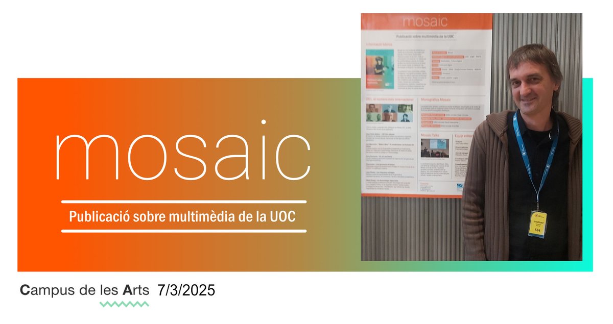 MOSAIC (@mosaicuoc) on Twitter photo 📢 Avui s’ha celebrat la 2a Trobada Anual del <a href="/CampusArts_Cat/">Campus de les Arts</a>, on han estat presents diverses revistes de docència, recerca i transferència.
En la imatge, Joan Soler-Adillon <a href="/jsoleradillon/">joan soler-adillon</a>, director de la revista Mosaic, amb el pòster de la publicació. 📢 Avui s’ha celebrat la 2a Trobada Anual del <a href="/CampusArts_Cat/">Campus de les Arts</a>, on han estat presents diverses revistes de docència, recerca i transferència.
En la imatge, Joan Soler-Adillon <a href="/jsoleradillon/">joan soler-adillon</a>, director de la revista Mosaic, amb el pòster de la publicació.