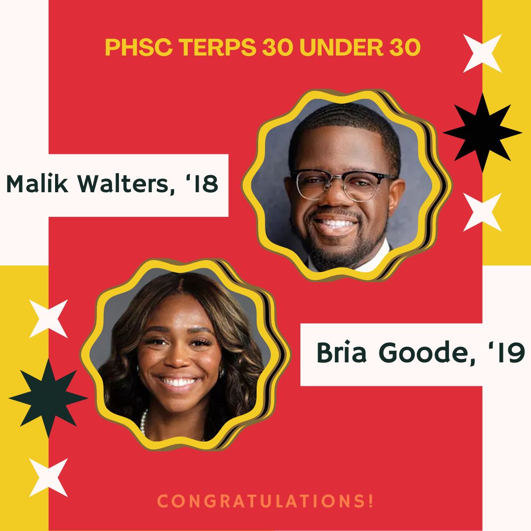 👏 Huge shoutout to Public Health Science alumni Malik Walters ('18) and Bria Goode ('19) for making the Terps' 30 Under 30 Class of 2025! 🌟 Their hard work and passion make us proud. More details: buff.ly/4Ql5l6T