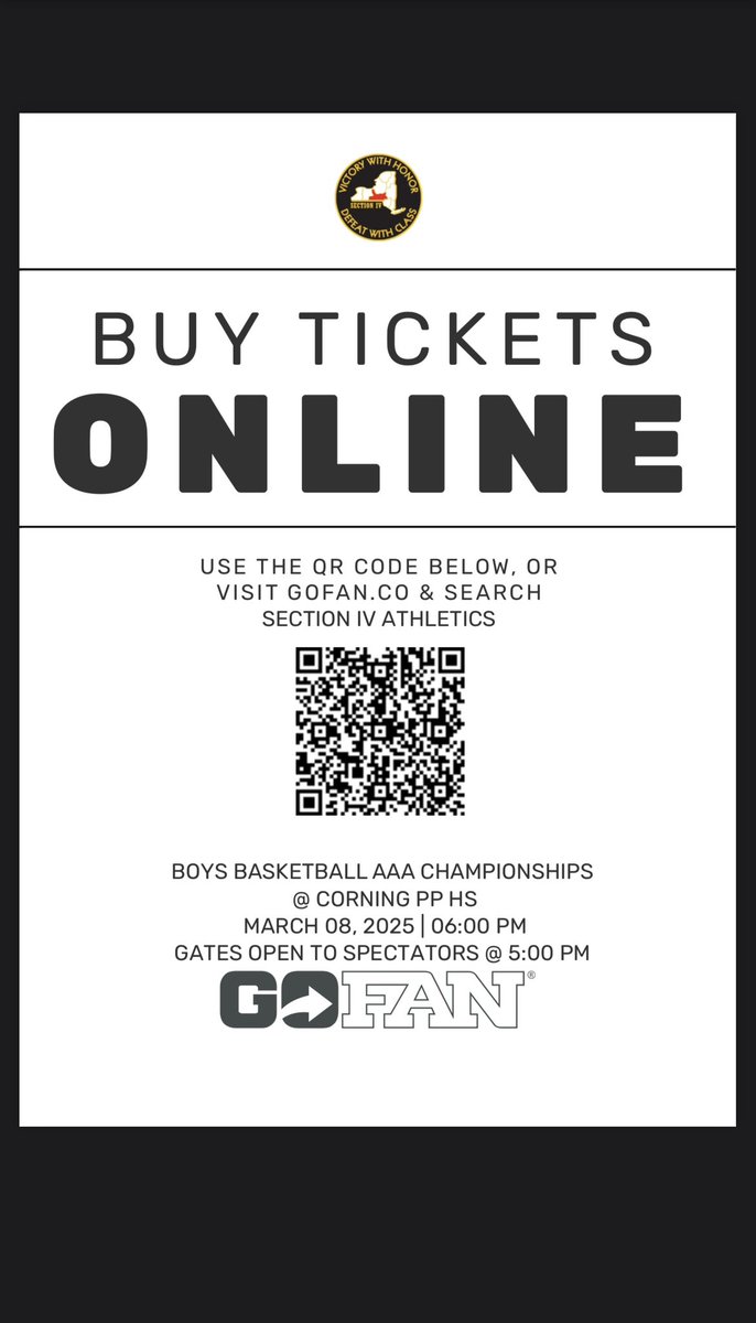 Section 4 Boys Basketball Class AAA Championships Elmira @ Corning on 3/8 - 6:00 pm.  Gates open to spectators at 5:00 pm. 
Admission:
GoFan Digital - $6.25 
Cash - $8.00 
Children 10 and under are free
Section IV Passes &amp; NYSPHSAA Passes accepted

gofan.co/event/3307386?…