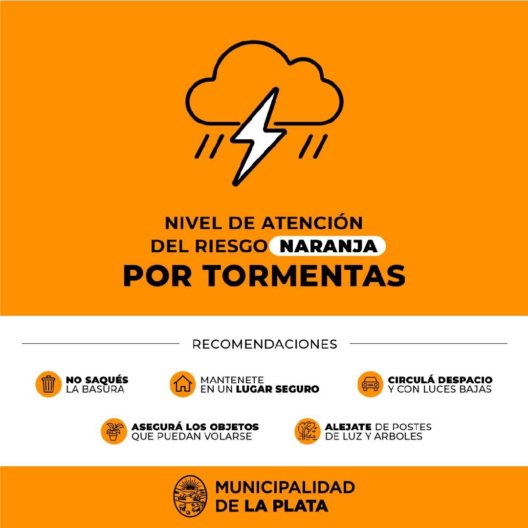 ClimaMLP's tweet photo. 13:00h> Subimos a NARANJA el NIVEL DE ATENCIÓN DEL RIESGO POR TORMENTAS para la madrugada del sábado 8 en la ciudad de La Plata. El pasaje de un frente frío provocará lluvias y tormentas de variada intensidad, algunas podrían ser fuertes con ráfagas. Estaremos actualizando. https://t.co/P9uHvbaovV