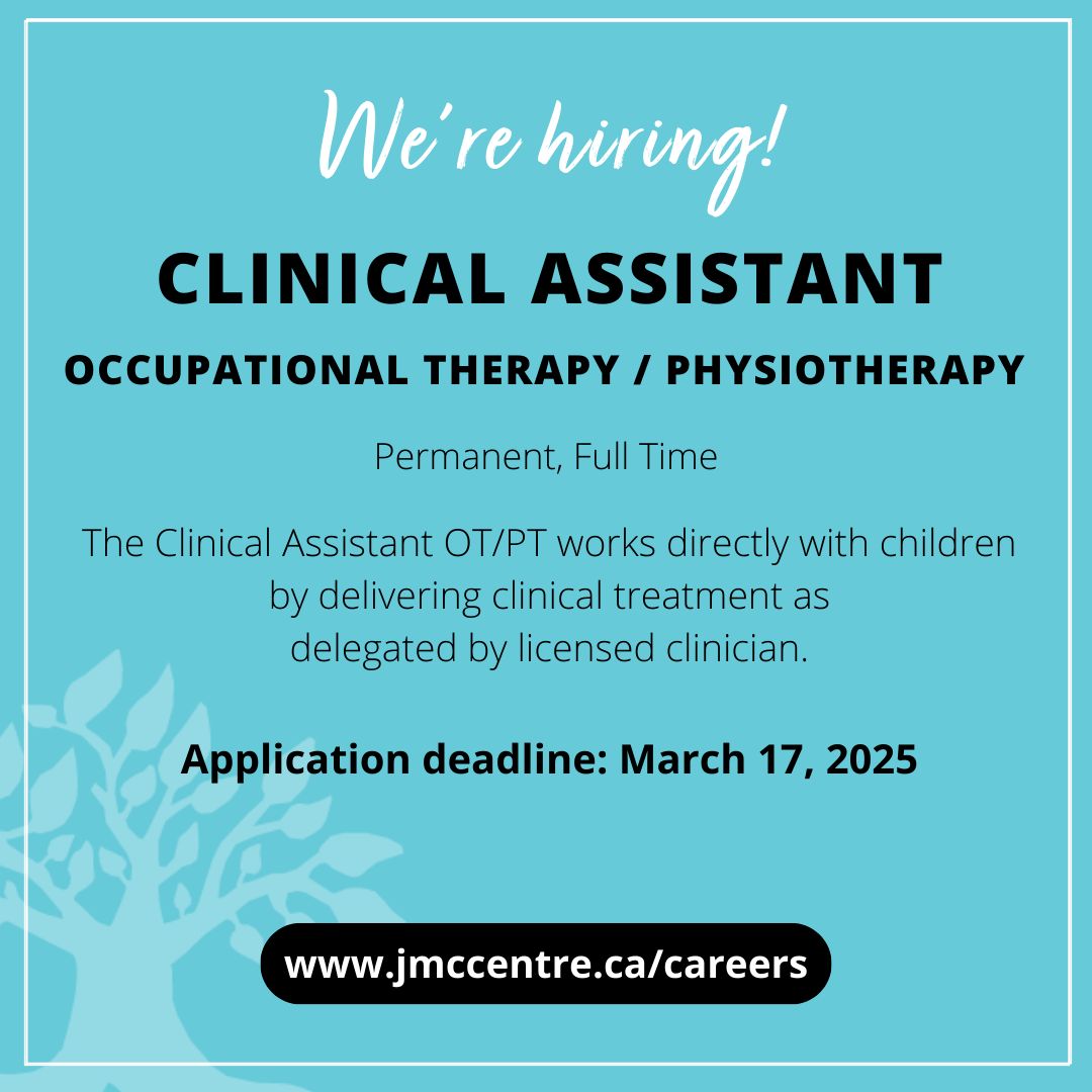 📷 We're Hiring! Join Our Team! 📷
We're looking for a full-time Occupational Therapy / Physiotherapy Assistant to support children and families in our community!
📷 Read the full job description and apply today: jmccentre.ca/careers

#YQGJobs #WindsorEssexJobs #NowHiring