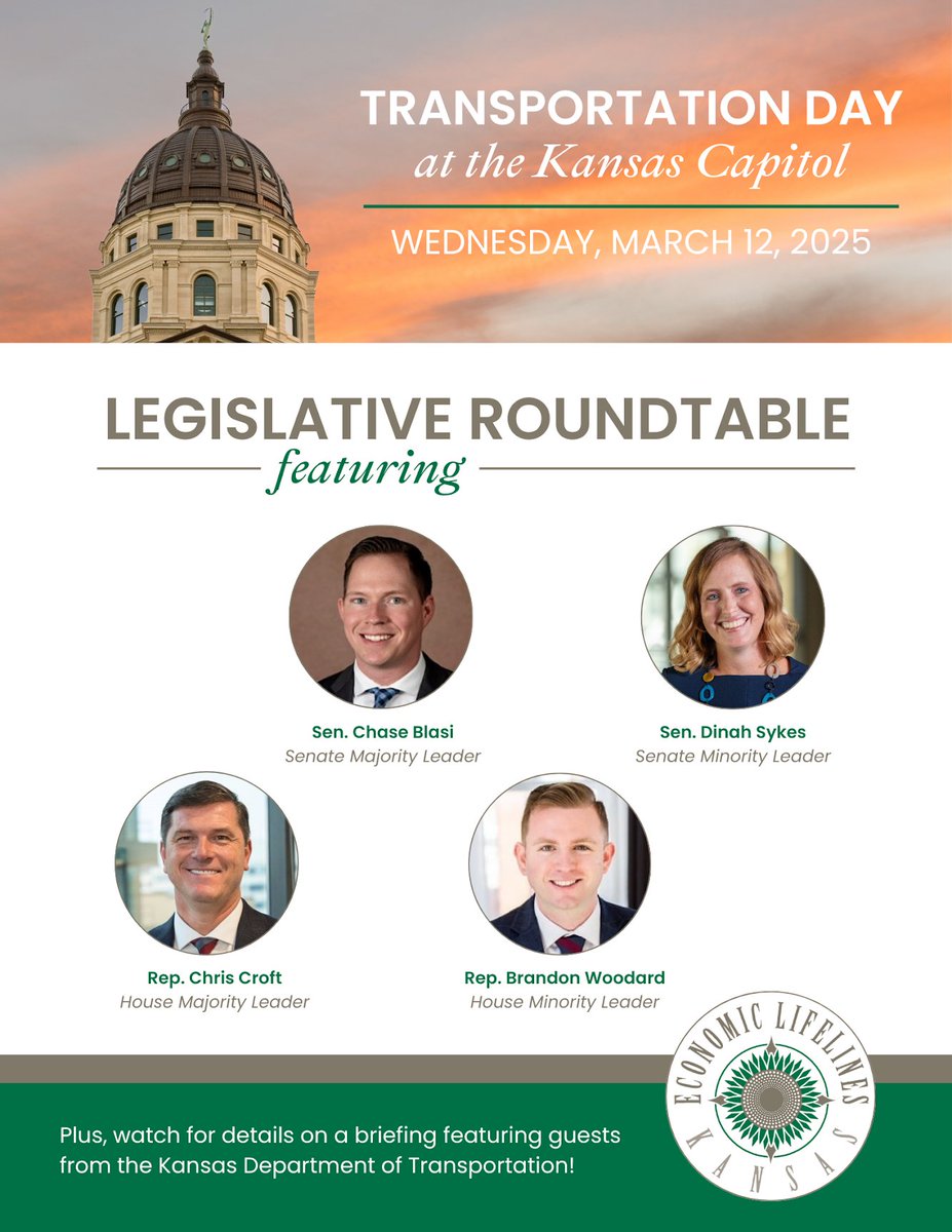 Join us for an exclusive Roundtable Panel with Legislative Leaders during Economic Lifelines Transportation Day on March 12.

📅 March 12, 2025 | ⏰ 3:45 - 4:45 PM | 📍 KCA Office

Be sure to register here: economiclifelines.com/event-6029926