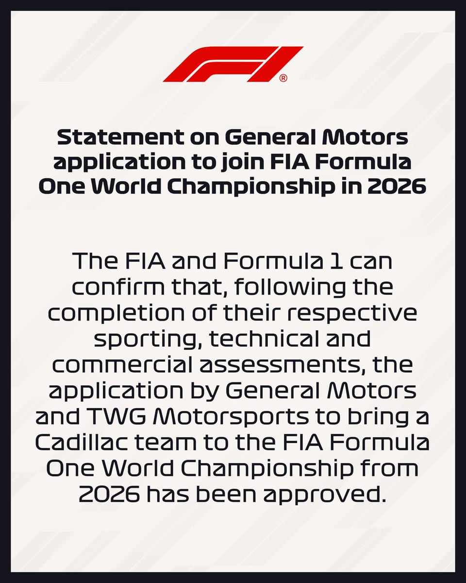 La Fórmula 1 tendrá 11 equipos en la parrilla para temporada 2026.

Cadillac se une, al gran circo
Queda confirmado por la #FIA
#F1
#Cadillac 
#GeneralMotors