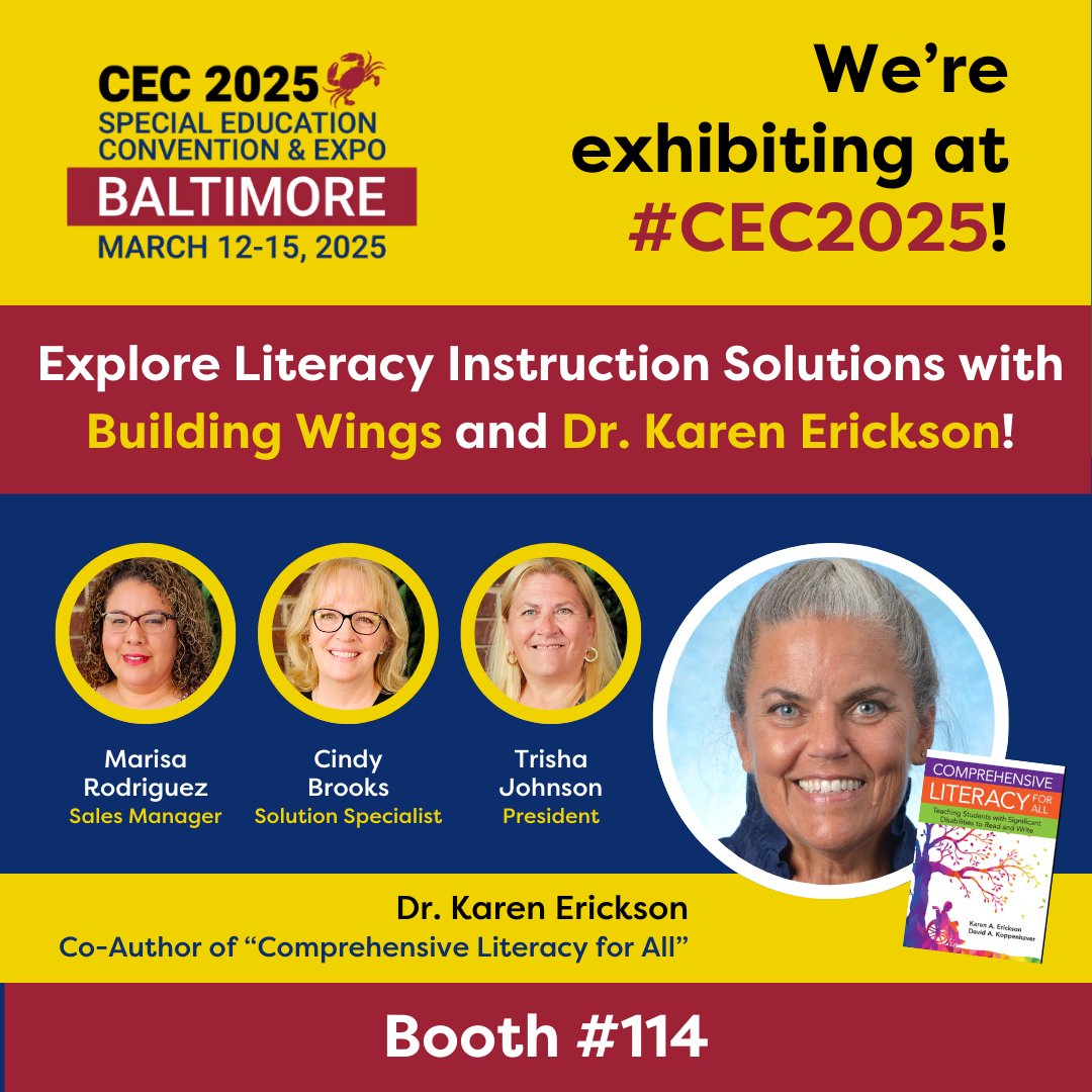 Building Wings (@buildingwingsco) on Twitter photo Headed to #CEC2025 ? We are! 🚀🎉
Stop by Booth #114 to meet Dr. Karen Erickson, co-author of Comprehensive Literacy for All, and connect with our amazing team— <a href="/AllMeansAlltj/">Trish Johnson</a> (President), Marisa Rodriguez (Sales Manager), and <a href="/CindyBrooksclsb/">Cindy Brooks</a> (Solution Specialist). Headed to #CEC2025 ? We are! 🚀🎉
Stop by Booth #114 to meet Dr. Karen Erickson, co-author of Comprehensive Literacy for All, and connect with our amazing team— <a href="/AllMeansAlltj/">Trish Johnson</a> (President), Marisa Rodriguez (Sales Manager), and <a href="/CindyBrooksclsb/">Cindy Brooks</a> (Solution Specialist).