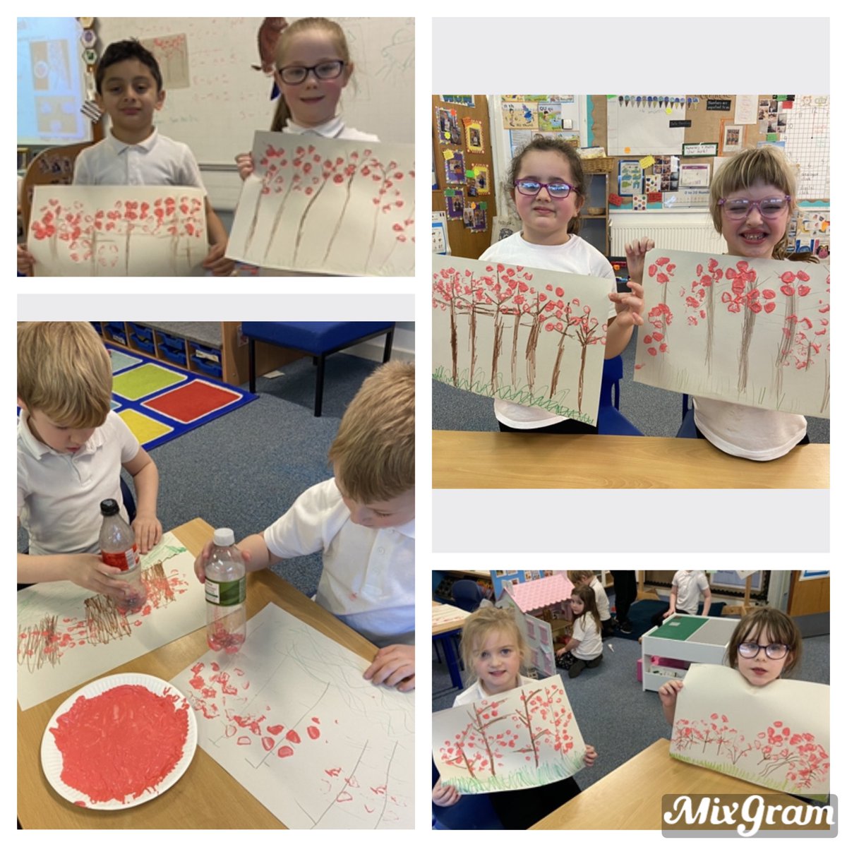 After learning some of the signs of Spring we printed some cherry blossom trees using a plastic bottle 🌸 🌸