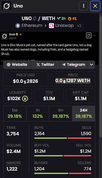 KelvinSOLL's tweet photo. $UNO sitting at 1M cap!

Elon’s cat is in the game, and it's not folding. No memes, just moves.

Cards are on the table, what’s your play?

CA:0x4604151D4c98D1EeA200b0d6bfFb79a2613182aA

DYOR, NFA https://t.co/pUEfIo6BCD