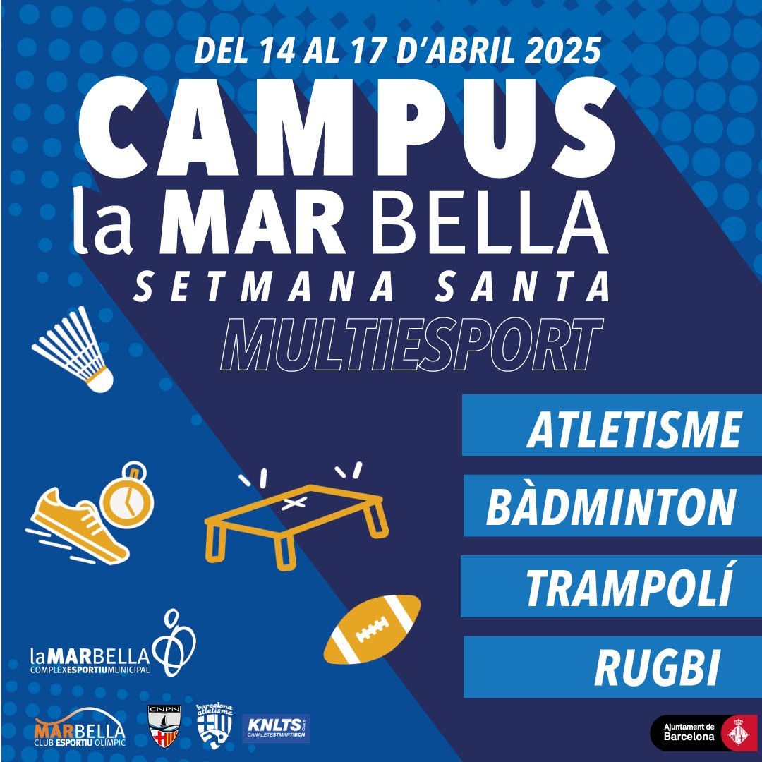 CEM La Mar Bella (@cemlamarbella) on Twitter photo ➡️ Aquesta Setmana Santa, vine al Campus La Mar Bella 2025! 💙
🏃🏻♂️🏸 Un campus multiesportiu on podràs tastar l’ATLETISME, el BÀDMINTON, el RUGBI i el TRAMPOLÍ 🏉🤸🏻♂️
📆 Del 14 al 17 d’abril de 2025
👉 De 6 a 18 anys
➕ Més informació: recepcio@cemmarbella.cat / 932 21 06 76 ➡️ Aquesta Setmana Santa, vine al Campus La Mar Bella 2025! 💙
🏃🏻♂️🏸 Un campus multiesportiu on podràs tastar l’ATLETISME, el BÀDMINTON, el RUGBI i el TRAMPOLÍ 🏉🤸🏻♂️
📆 Del 14 al 17 d’abril de 2025
👉 De 6 a 18 anys
➕ Més informació: recepcio@cemmarbella.cat / 932 21 06 76
