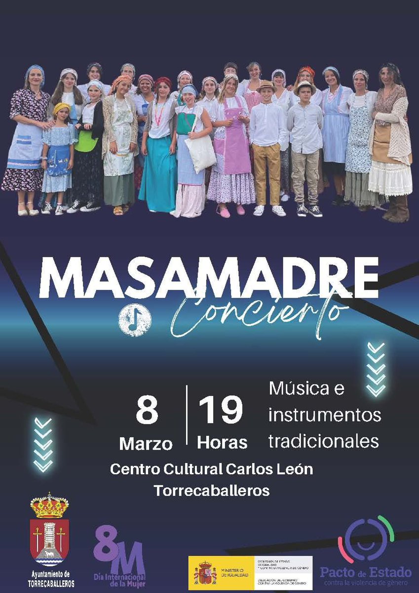 🟣Un año más, desde #Torrecaballeros, nos sumamos a la conmemoración del Día Internacional de la Mujer. Este año, con un magnífico recital del grupo de folklore MASAMADRE.

📅 8 de marzo
🕔19 horas
📍 Centro Cultural Carlos León.

Leeremos un Manifiesto con motivo del 8M y