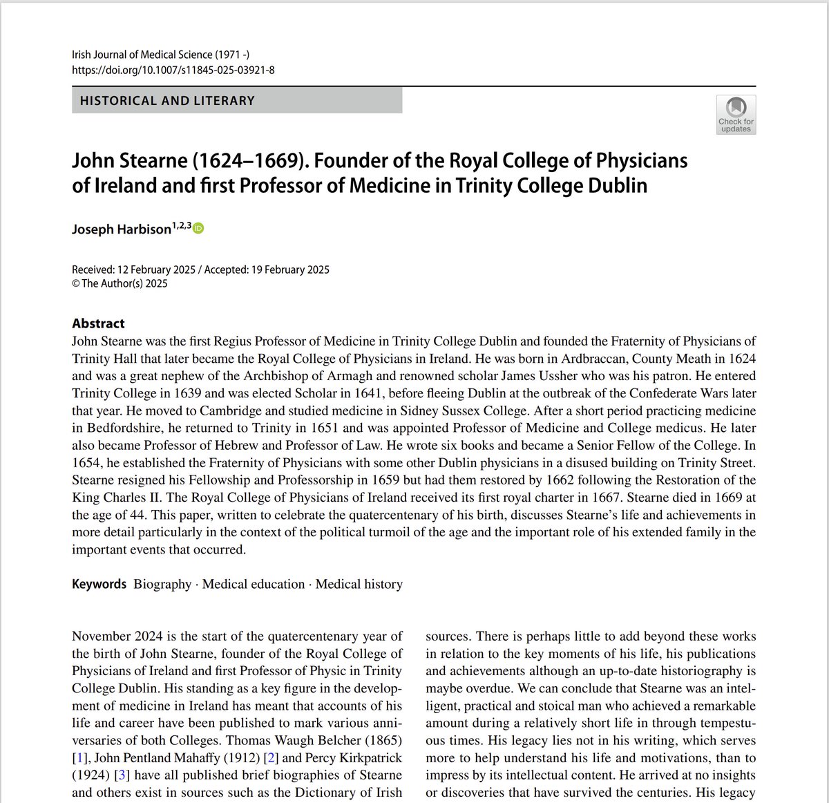 School of Medicine (@trinitymed1) on Twitter photo Professor Joe Harbison <a href="/2013_Sylvius/">Joe Harbison</a> recently published an article about John Stearne, the found of the Royal College of Physicians of Ireland and the first Professor of Medicine in Trinity College Dublin, within the Irish Journal of Medical Science.
tinyurl.com/4cb4sfcr Professor Joe Harbison <a href="/2013_Sylvius/">Joe Harbison</a> recently published an article about John Stearne, the found of the Royal College of Physicians of Ireland and the first Professor of Medicine in Trinity College Dublin, within the Irish Journal of Medical Science.
tinyurl.com/4cb4sfcr