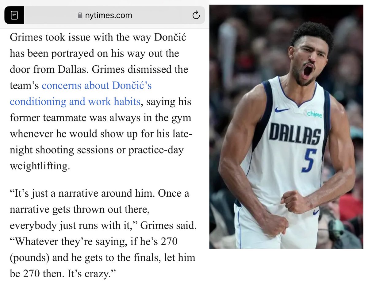Grimes is so real for this! 🙏

He exposed the lies by Nico and Dumont, said Luka was always in the gym and that they were pushing a narrative!

via The Athletic