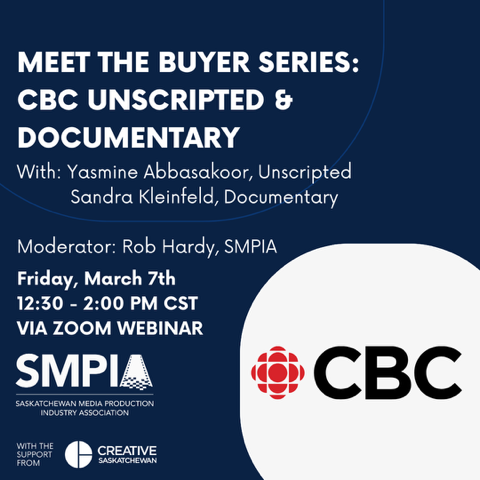 TODAY!!!! SMPIA Meet the Buyer Series: CBC Unscripted and Documentary

🗓️ Date: March 7 @ 12:30 - 2:00 PM CST 

eventbrite.ca/e/smpia-meet-t…

#SMPIA #CreativeSaskatchewan