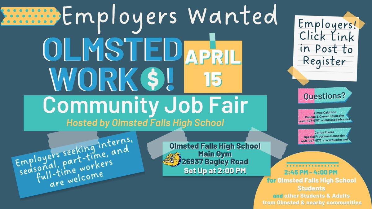 Olmsted Falls High School Guidance Department (@ofhscounselors) on Twitter photo Calling all employers! We're hosting our 4th annual Olmsted Work$ Community job fair and we want YOU to join us! Connect with talented job seekers from our community. Interested? Complete the employer registration form. <a href="/OFHSLeoSpagnola/">Leo Spagnola</a>
docs.google.com/forms/d/e/1FAI… Calling all employers! We're hosting our 4th annual Olmsted Work$ Community job fair and we want YOU to join us! Connect with talented job seekers from our community. Interested? Complete the employer registration form. <a href="/OFHSLeoSpagnola/">Leo Spagnola</a>
docs.google.com/forms/d/e/1FAI…