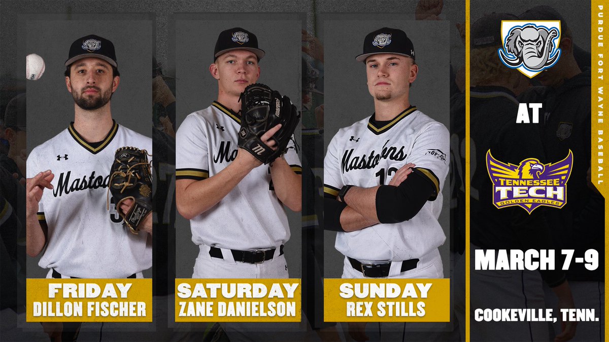 Purdue Fort Wayne Baseball (@mastodonbsb) on Twitter photo ๐ช PITCHING ROTATION AT TENNESSEE TECH! ๐
A <a href="/HorizonLeague/">Horizon League</a> vs <a href="/OVCSports/">Ohio Valley Conference</a> Best of 3-game Series. ๐ค
Game 1 Friday
โฐ 4 PM ET
๐ 6โ5โ RHP Dillon Fischer
Game 2 Saturday
โฐ 2 PM ET
๐ 6โ7โ LHP Zane Danielson
Game 3 Sunday
โฐ 2 PM ET
๐ 6โ4โ RHP Rex Stills ๐ช PITCHING ROTATION AT TENNESSEE TECH! ๐
A <a href="/HorizonLeague/">Horizon League</a> vs <a href="/OVCSports/">Ohio Valley Conference</a> Best of 3-game Series. ๐ค
Game 1 Friday
โฐ 4 PM ET
๐ 6โ5โ RHP Dillon Fischer
Game 2 Saturday
โฐ 2 PM ET
๐ 6โ7โ LHP Zane Danielson
Game 3 Sunday
โฐ 2 PM ET
๐ 6โ4โ RHP Rex Stills