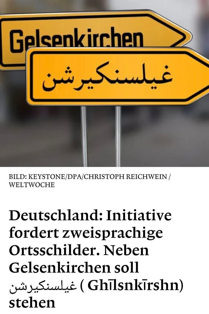 steffan_nethe's tweet photo. Zweisprachige Ortsschilder in Deutschland? Ernsthaft?

Wer sich integrieren will, muss Deutsch lernen, in Wirt und in Schrift! 

Übrigens: In Afghanistan stehen auch keine Schilder mit deutscher Schrift – warum sollten wir hier also arabische haben? 

#Integration #Irrsinn https://t.co/o6aqcwuAxu