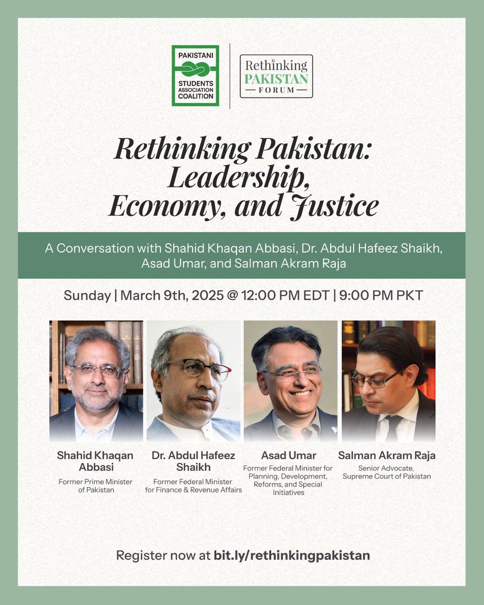Rethinking Pakistan: Leadership, Economy and Justice 

9 PM PKT on Sunday March 9th 2025

Register at: docs.google.com/forms/u/1/d/1R…
