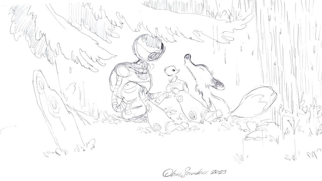 Have a sketch from The Wild Robot drawn by Chris Sanders himself. You can really see how simple yet lovely his art style is and how it translated perfectly into the final film.