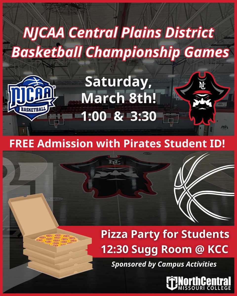 🏀🔥 Catch the NJCAA Central Plains District men’s &amp; women’s basketball championship games tomorrow at 1:00 PM &amp; 3:30 PM at KCC!

🎉 FREE admission for NCMC students with a Pirates student ID! Plus, don’t miss the pizza party at 12:30 PM in the Sugg Room! 🍕🏴‍☠️ #NCMCPirates